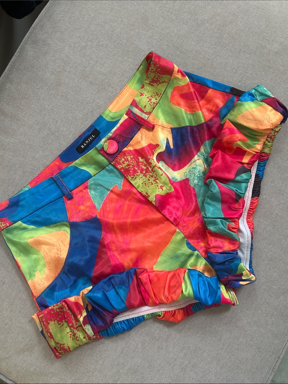 Banjul Colorful High-Waist Satin Shorts, Ruffled Hem, Bloomer-Inspired Fit